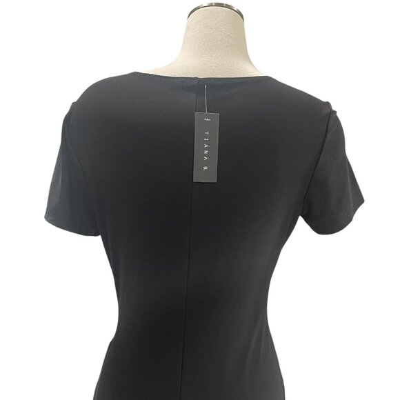 Tiana B Black Faux Wrap Dress Pearl Accent Short Sleeve Elegant Party Cocktail S - Picture 2 of 7